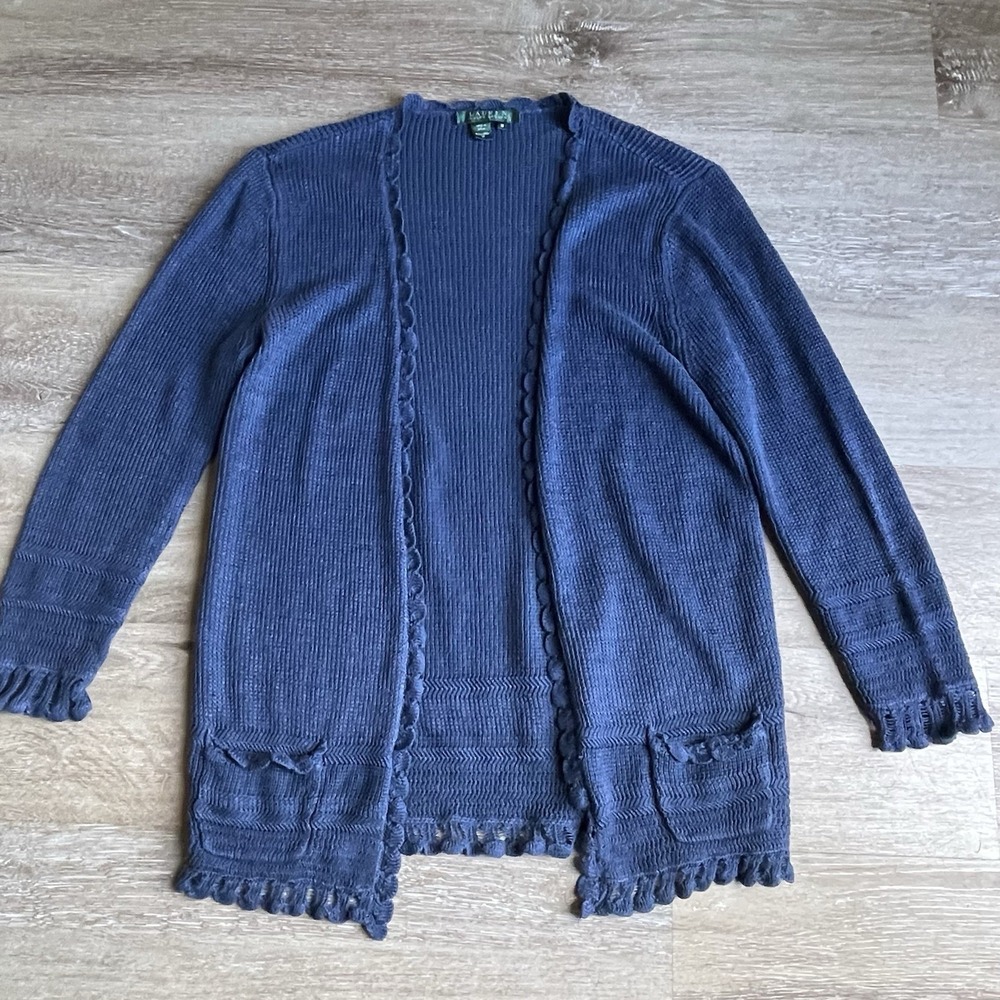 Lauren Ralph Lauren Linen Navy Cardigan Sweater Medium Open Front Crochet Trim